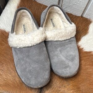 Sorel Gray Suede Slippers with Cream Lining